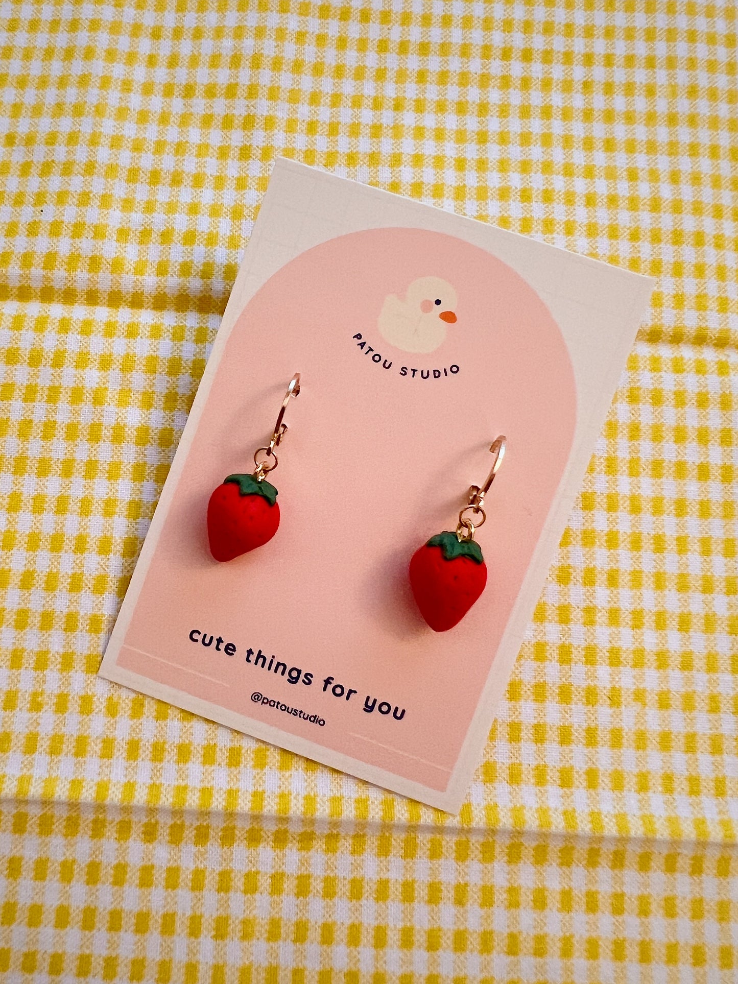 red or pink strawberry dangle earrings