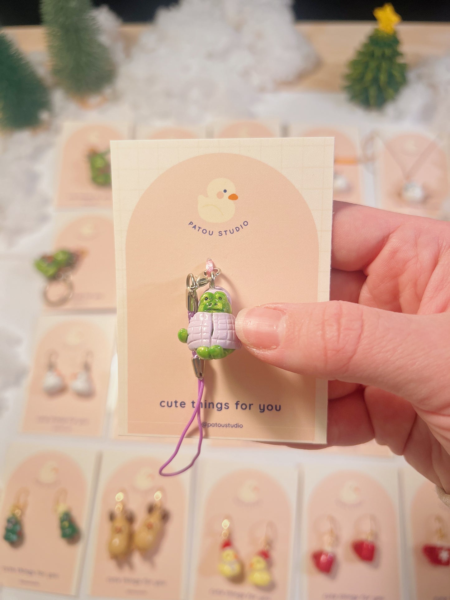 christmas miniature phone charm | peanuts, frog, penguin, snowman, tree