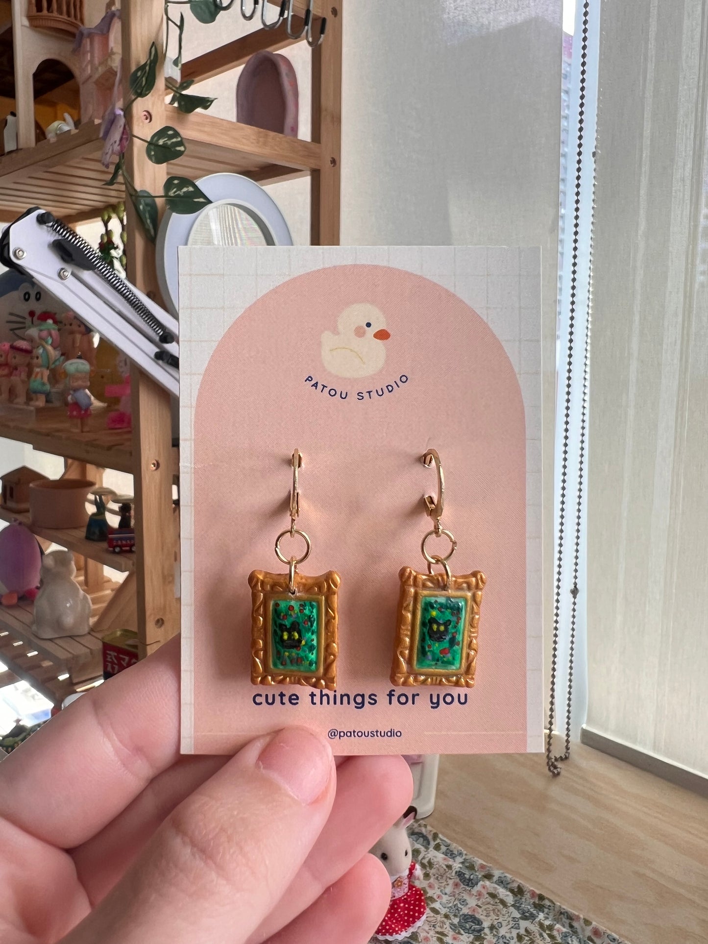 cottage core tiny paintings dangle earrings | cat, forest, river