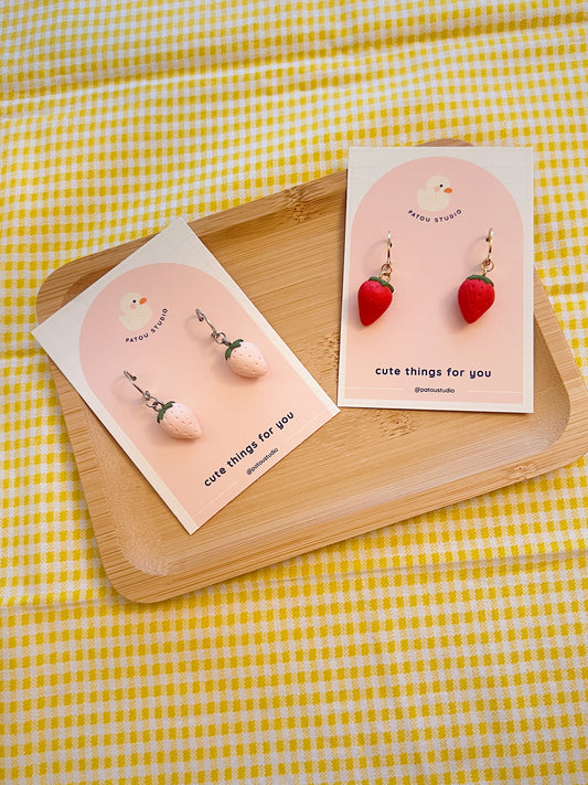 red or pink strawberry dangle earrings