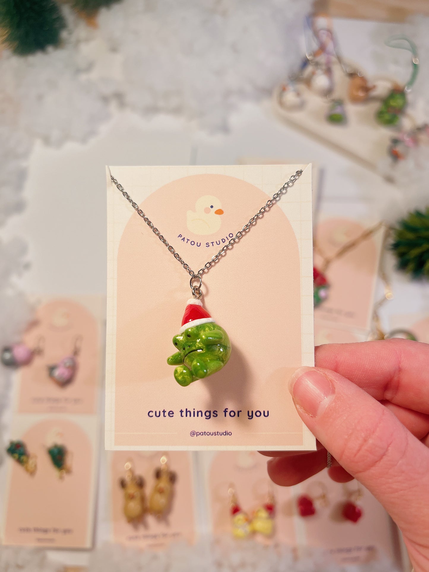 miniature necklace | christmas wreath, snowman, and santa frog