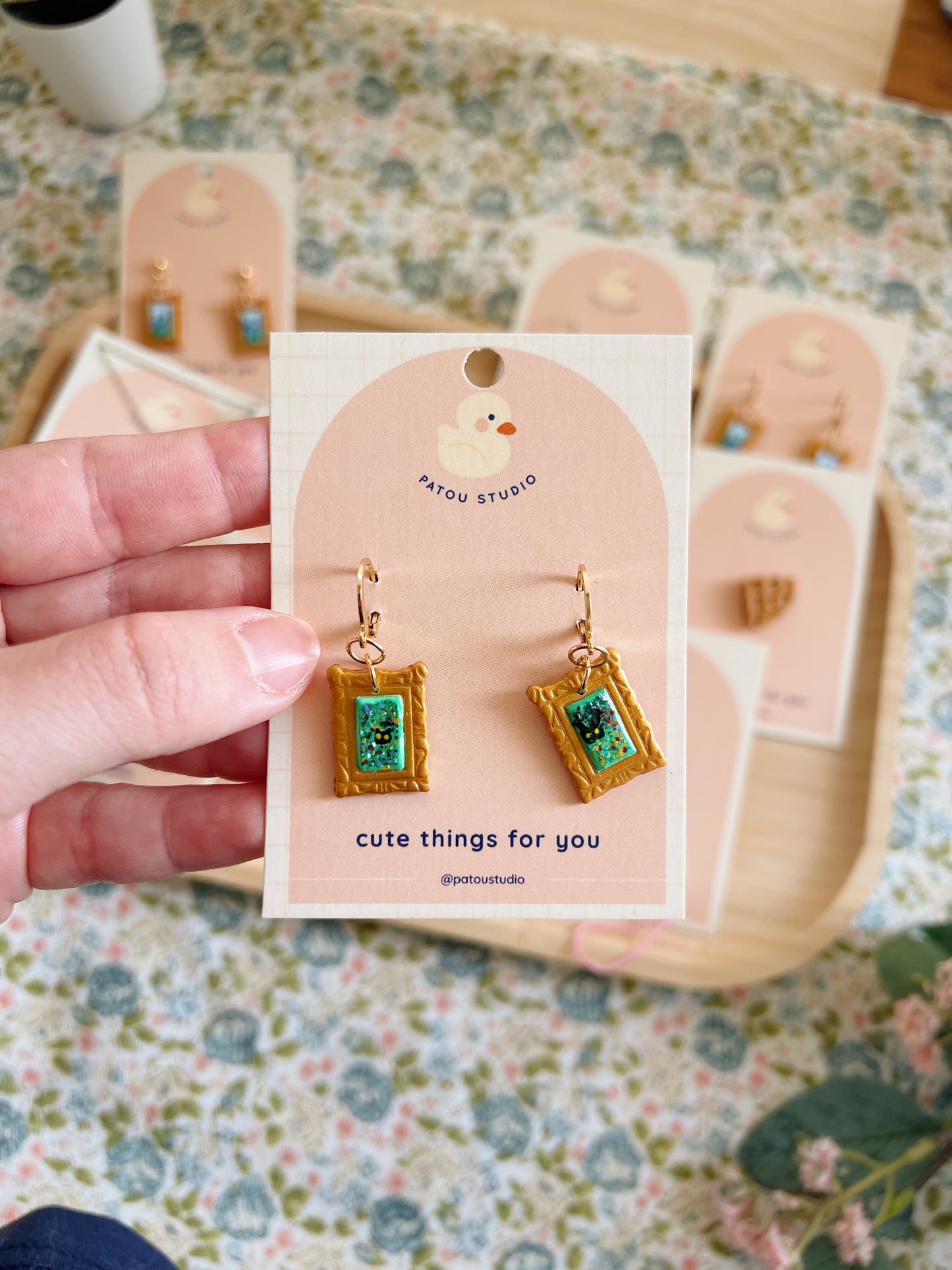 cottage core tiny paintings dangle earrings | cat, forest, river