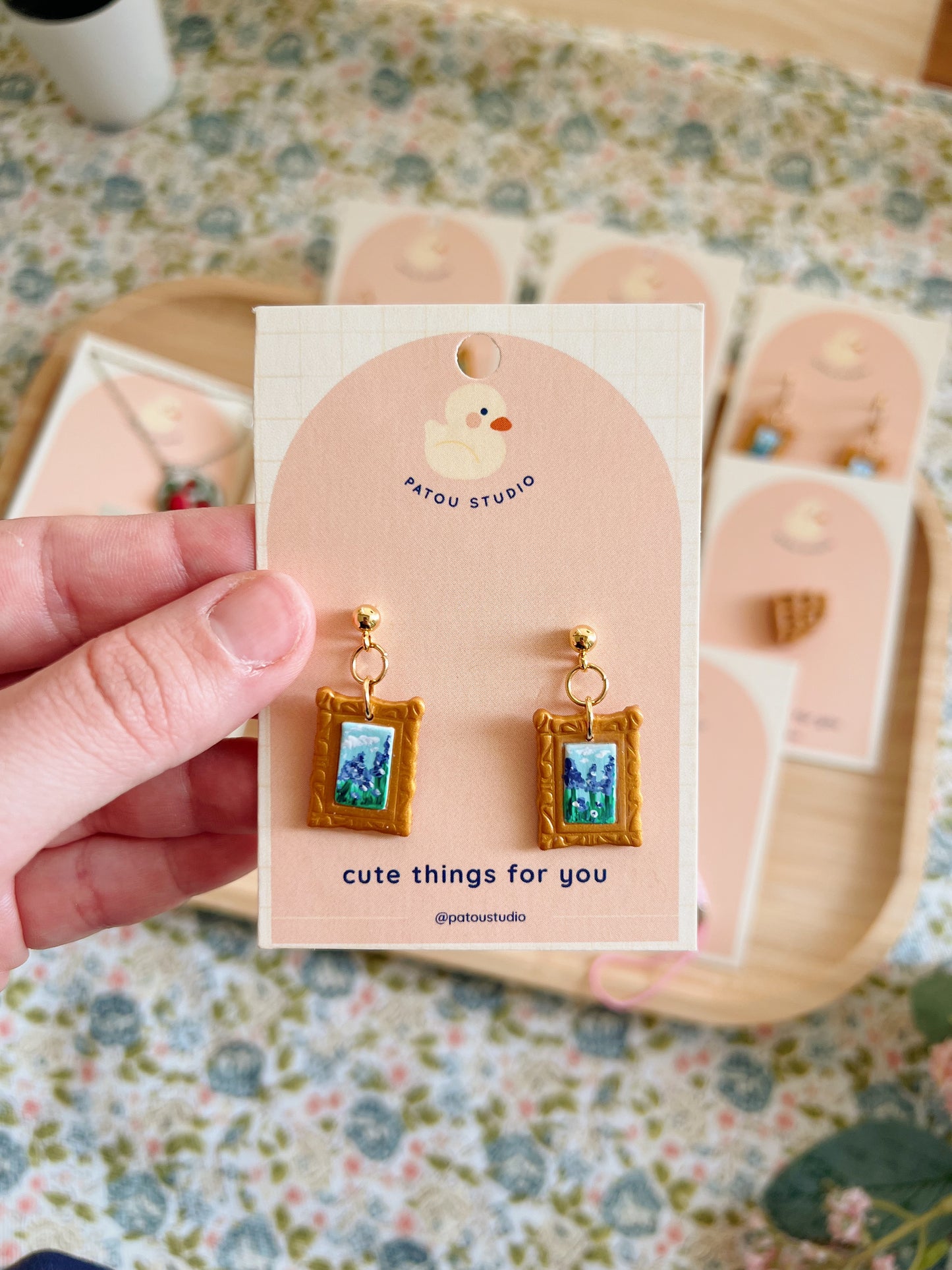 cottage core tiny paintings dangle earrings | cat, forest, river