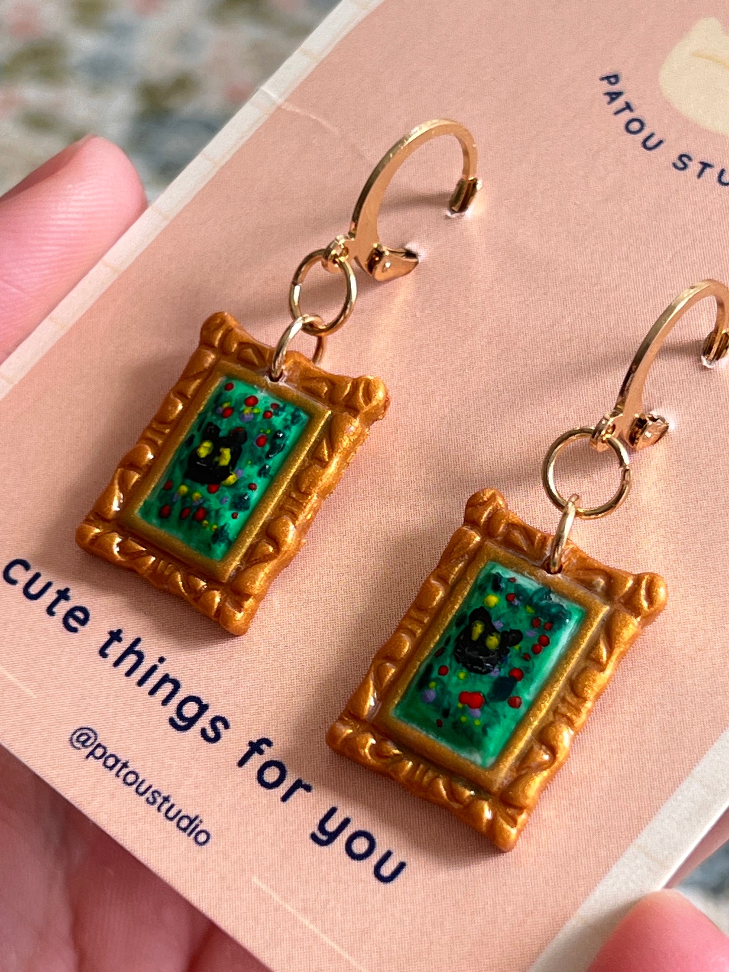 cottage core tiny paintings dangle earrings | cat, forest, river