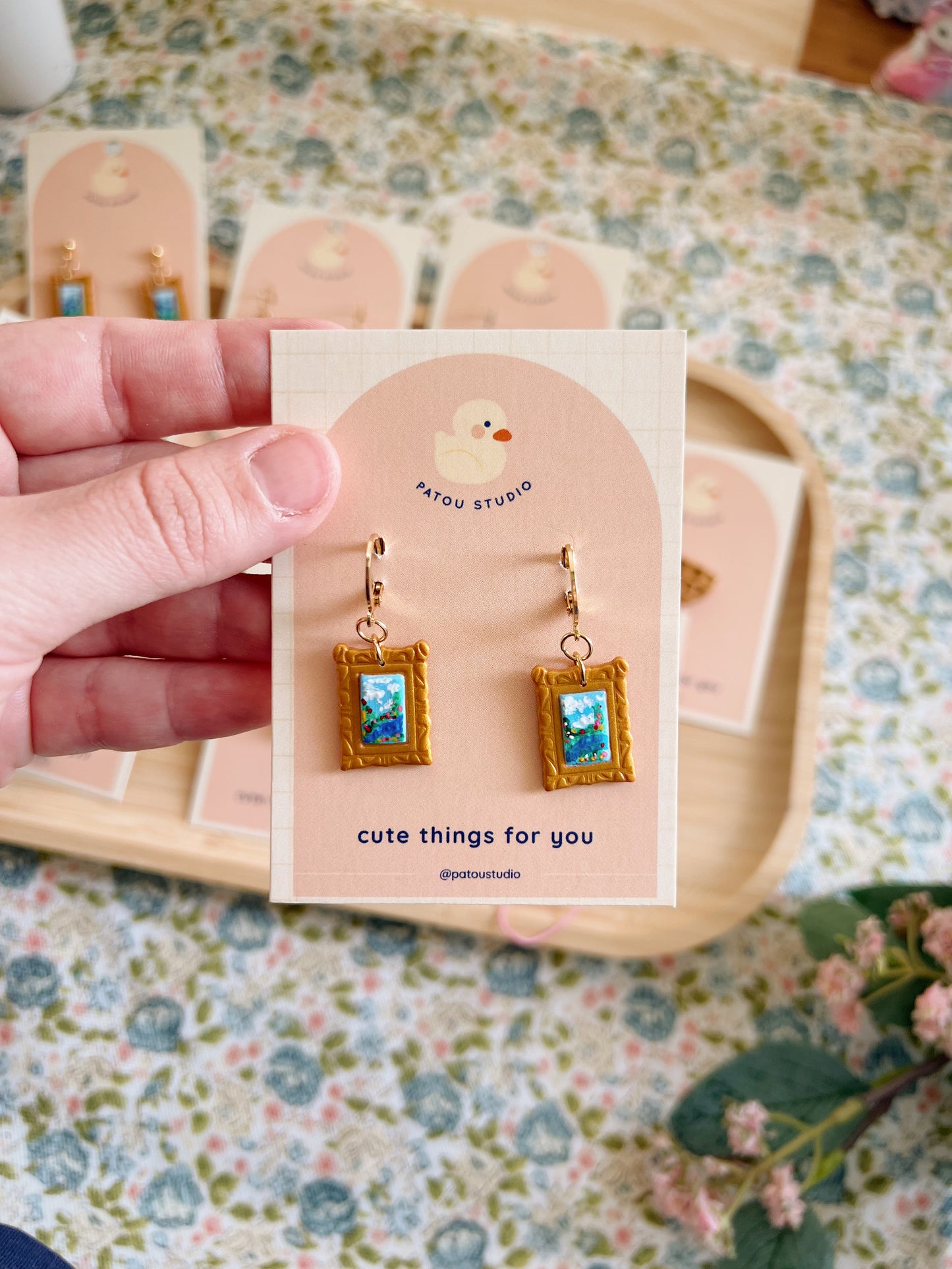 cottage core tiny paintings dangle earrings | cat, forest, river
