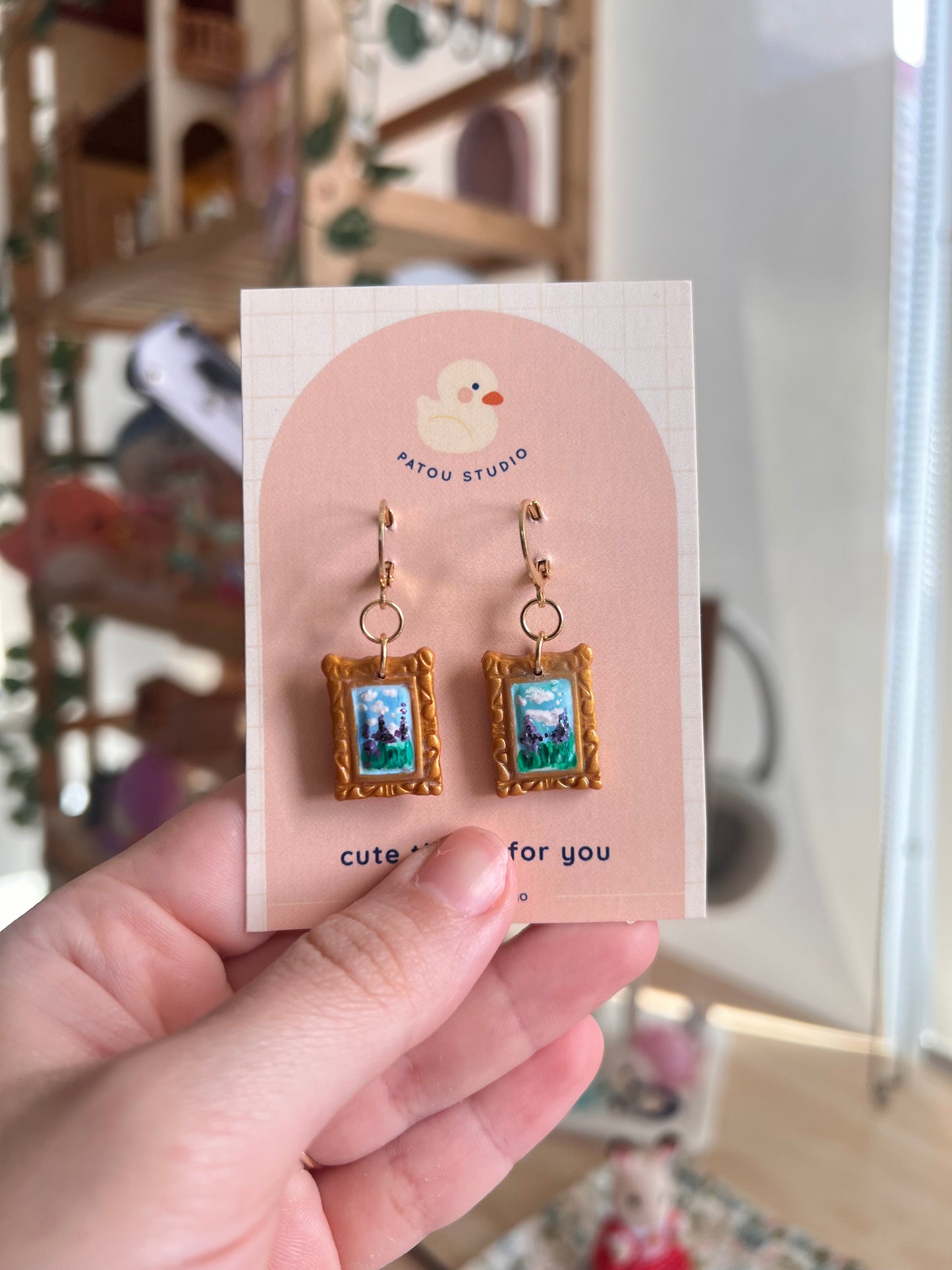 cottage core tiny paintings dangle earrings | cat, forest, river
