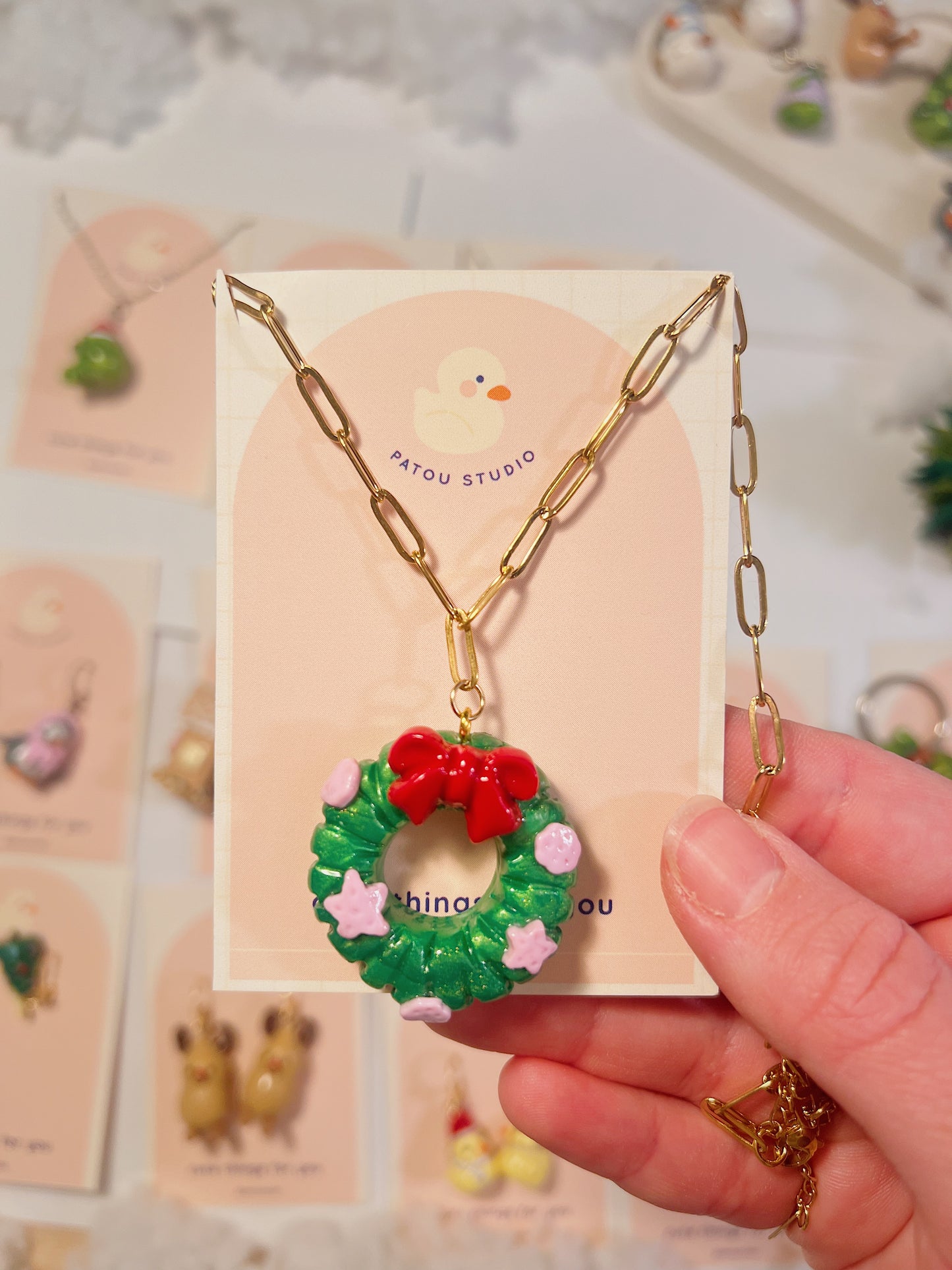 miniature necklace | christmas wreath, snowman, and santa frog
