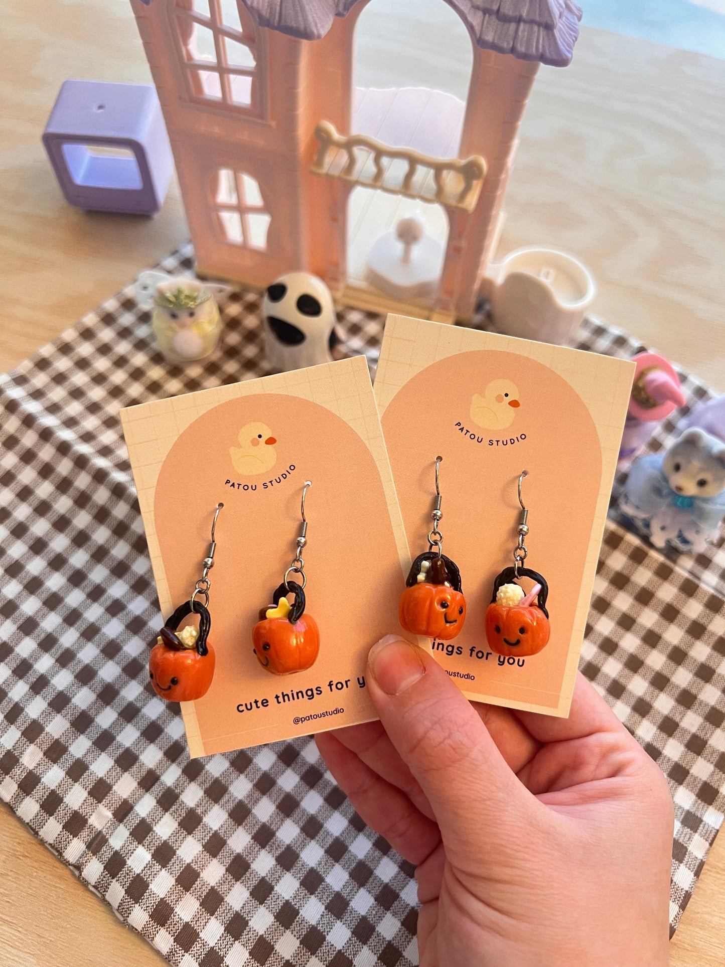 pumpkin candy basket miniature dangle earrings