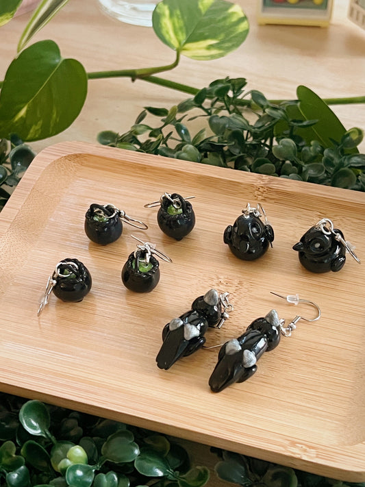 tiny cauldron, crow ara, 'not so spooky' miniatures stainless steel dangle earrings