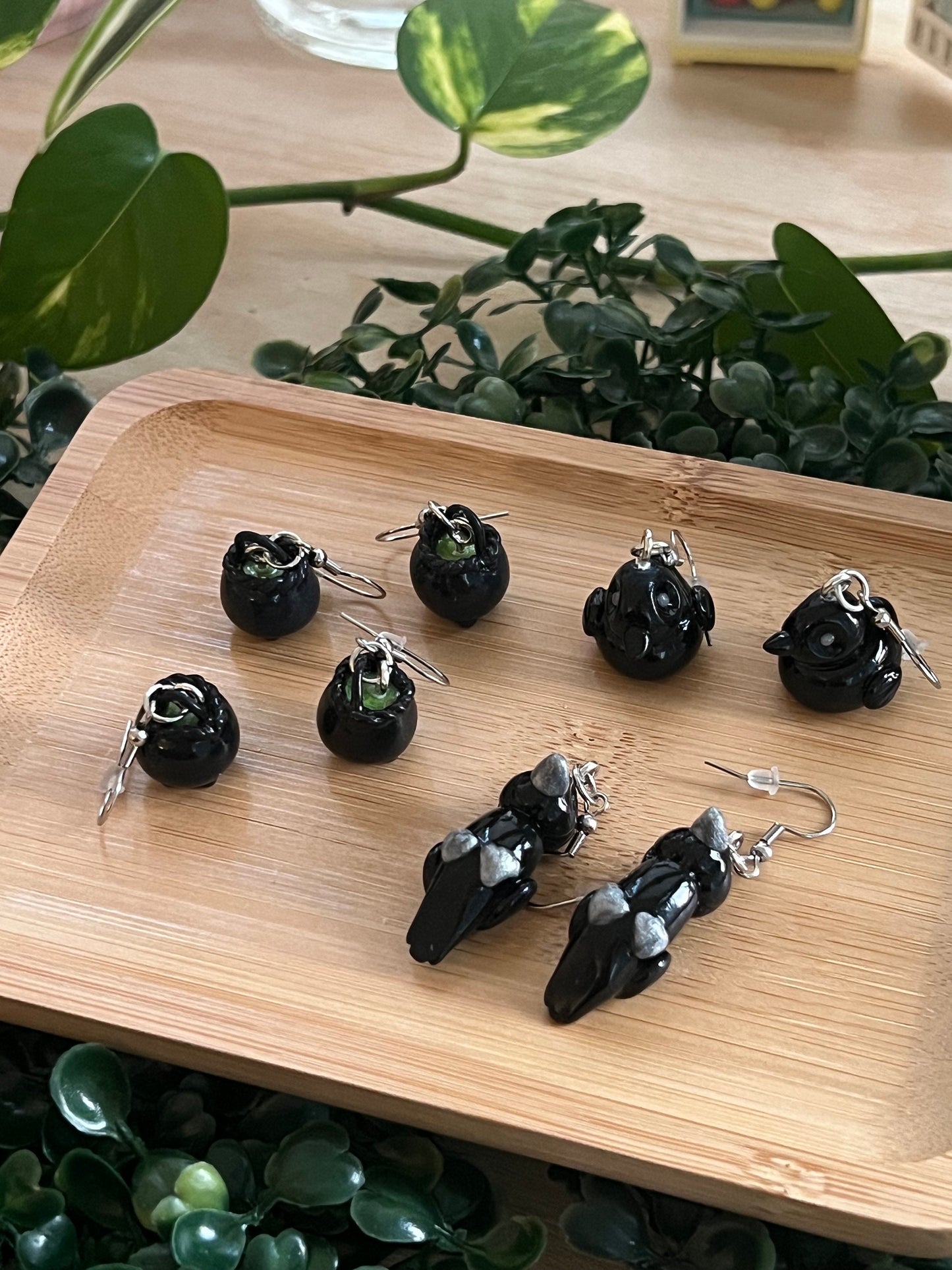 tiny cauldron, crow ara, 'not so spooky' miniatures stainless steel dangle earrings