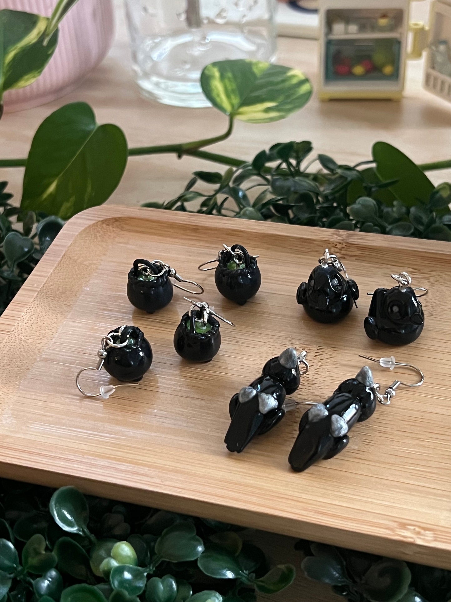tiny cauldron, crow ara, 'not so spooky' miniatures stainless steel dangle earrings