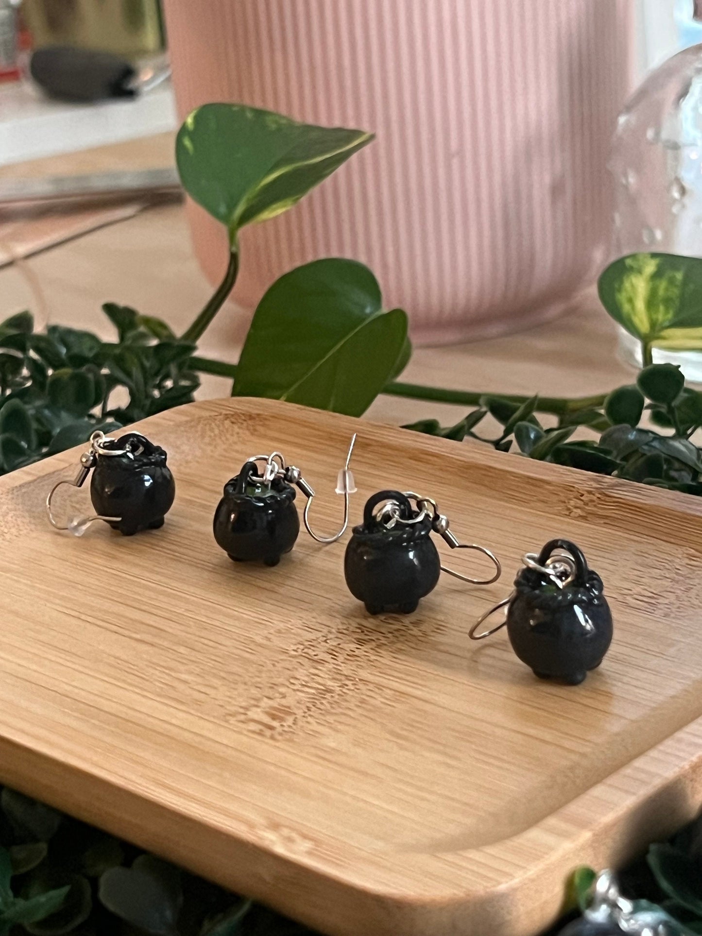 tiny cauldron, crow ara, 'not so spooky' miniatures stainless steel dangle earrings