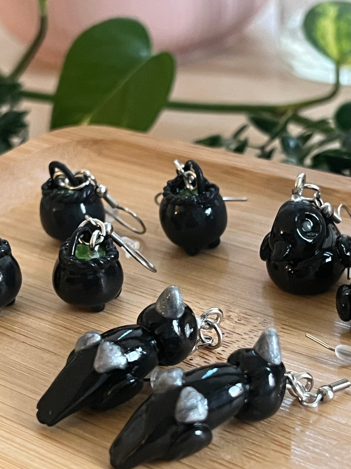 tiny cauldron, crow ara, 'not so spooky' miniatures stainless steel dangle earrings