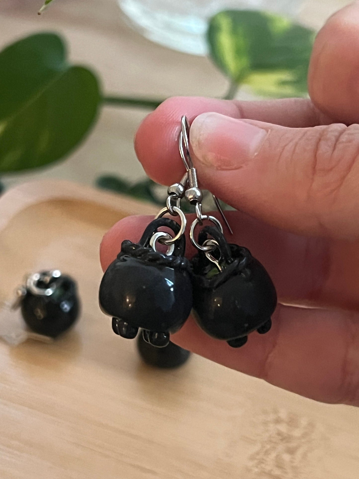 tiny cauldron, crow ara, 'not so spooky' miniatures stainless steel dangle earrings