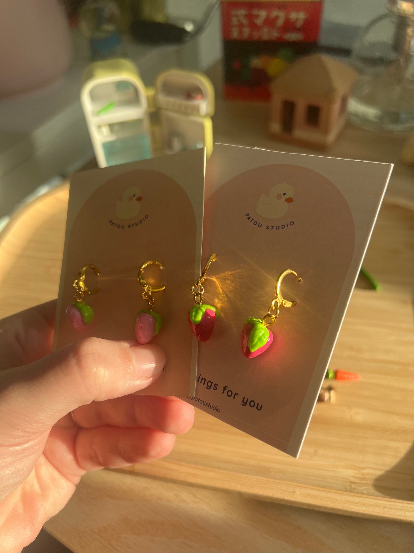 mini pink strawberries dangle earrings
