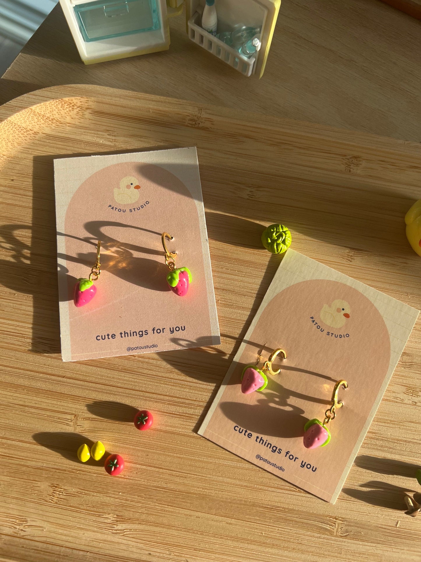 mini pink strawberries dangle earrings