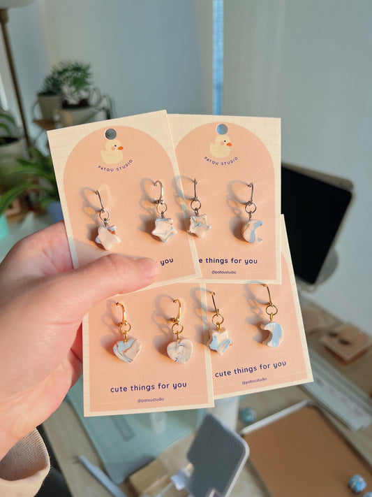 miniature marble star, moon, hearts, dangle earrings