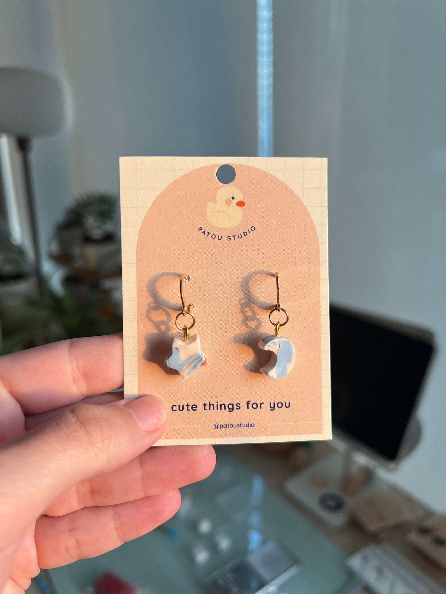miniature marble star, moon, hearts, dangle earrings