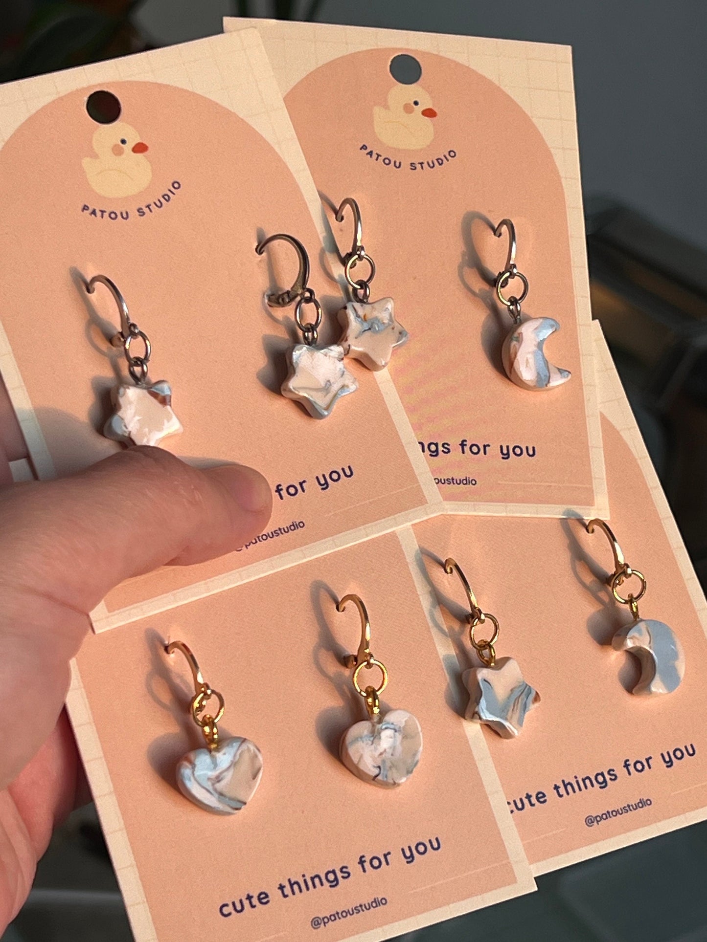 miniature marble star, moon, hearts, dangle earrings