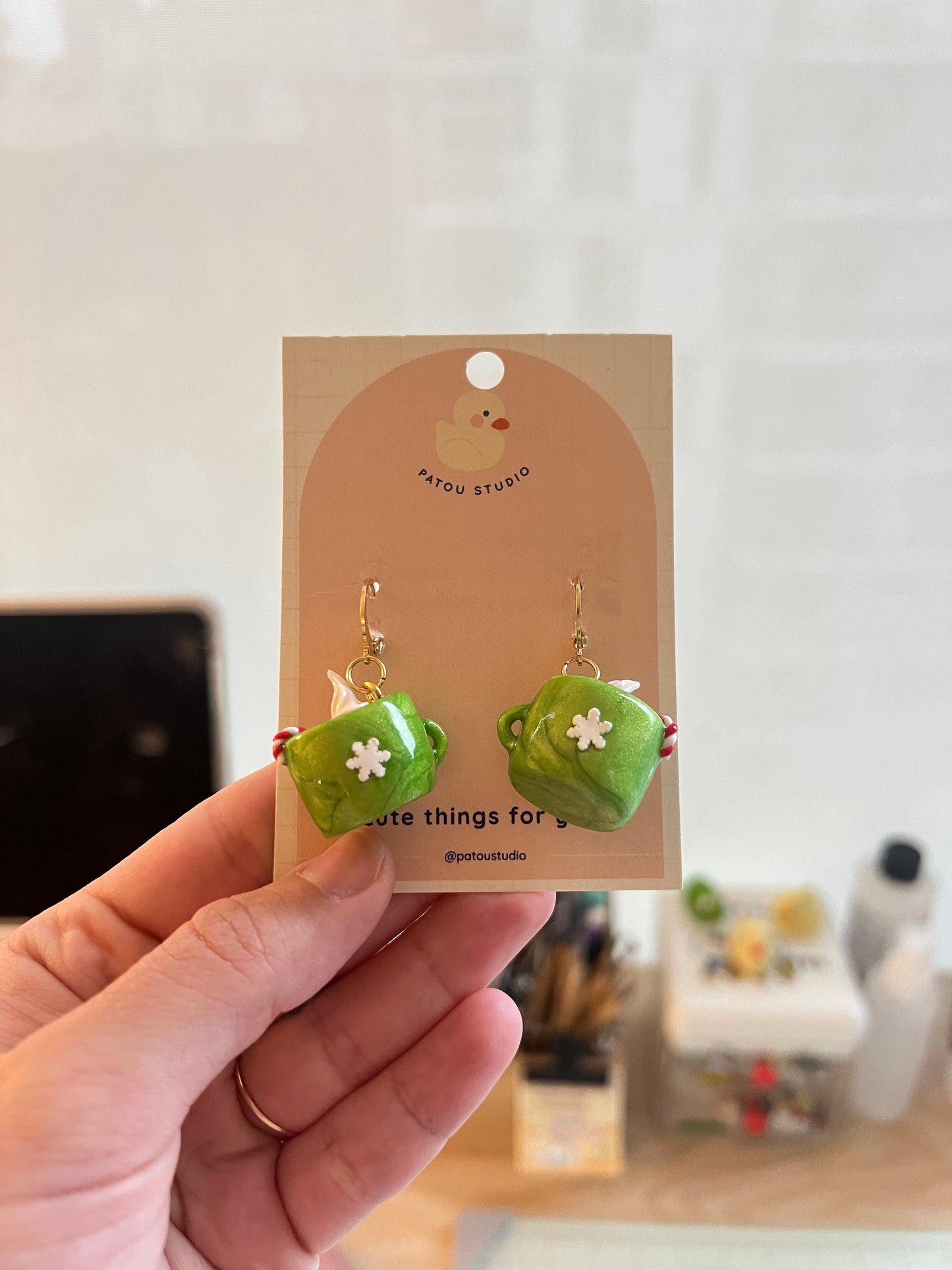 miniature hot cocoa mug dangle earrings