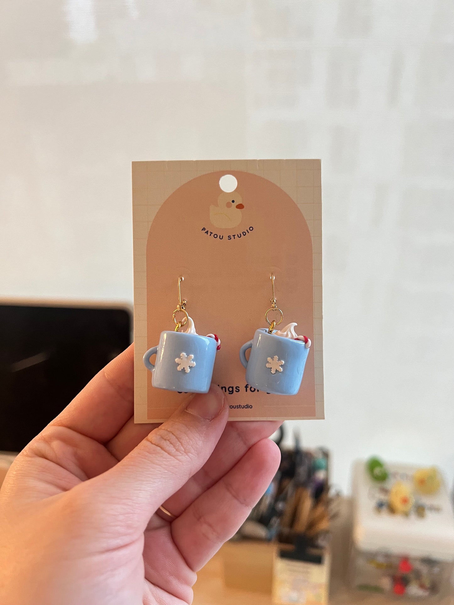 miniature hot cocoa mug dangle earrings