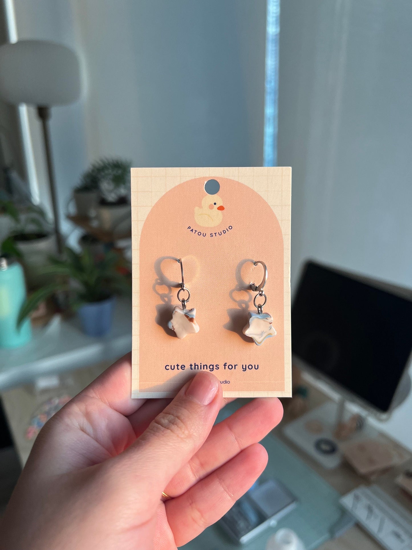 miniature marble star, moon, hearts, dangle earrings