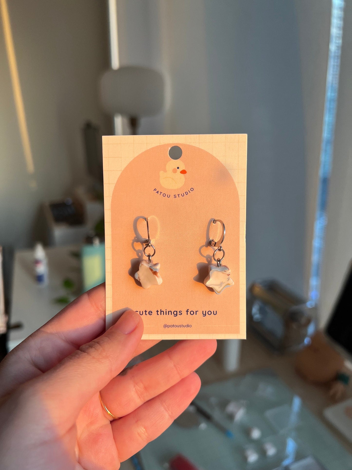 miniature marble star, moon, hearts, dangle earrings