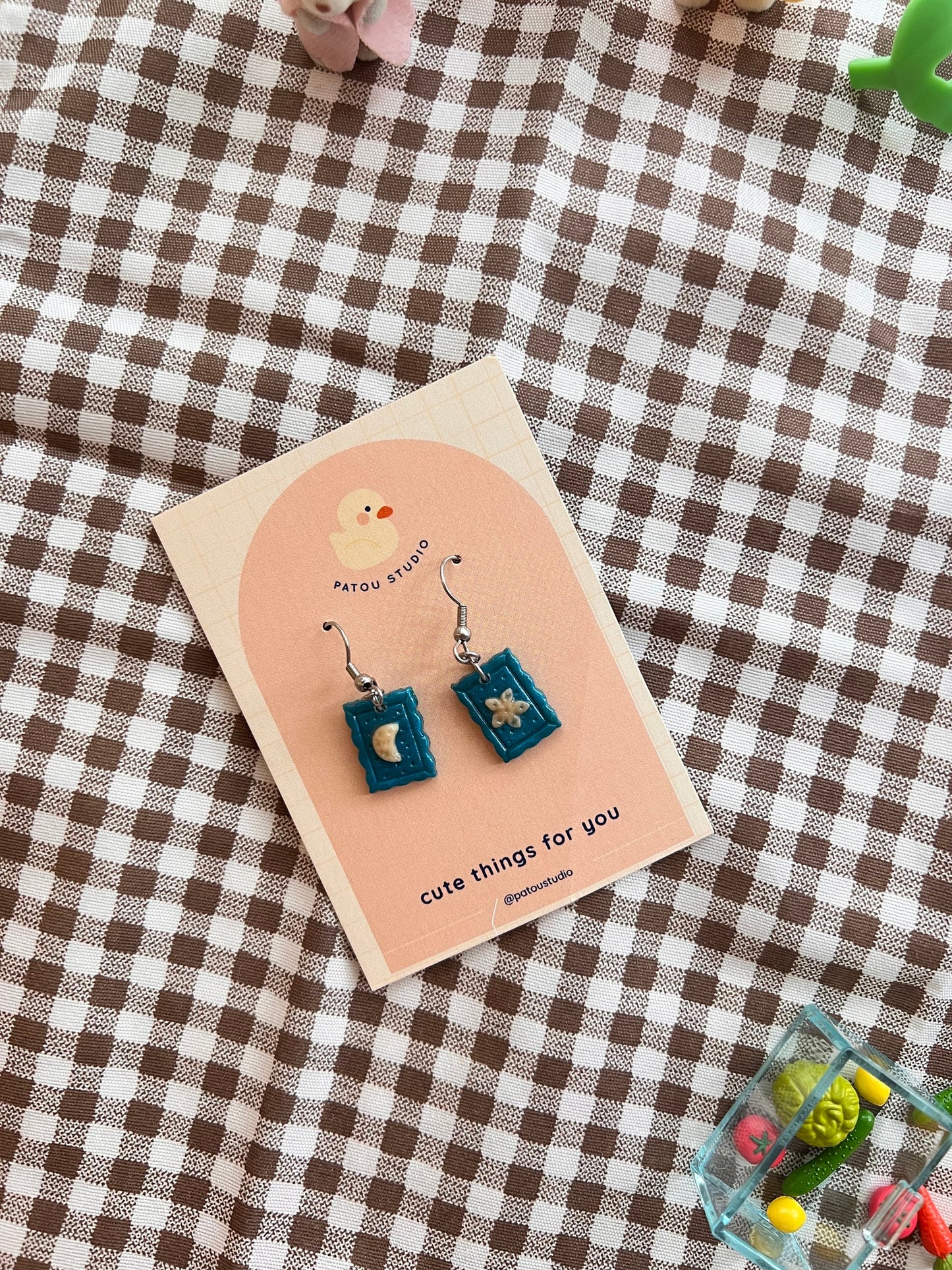 star and moon stamp dangle earrings