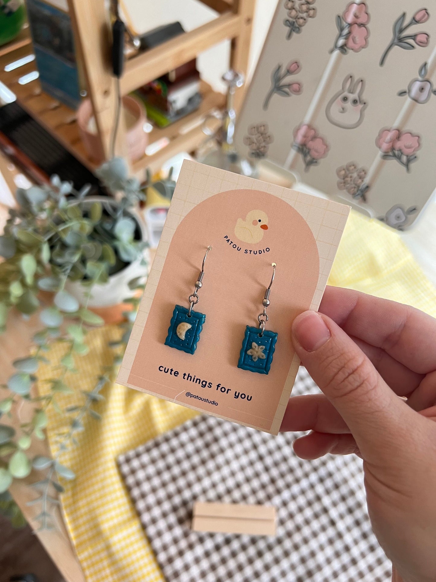 star and moon stamp dangle earrings