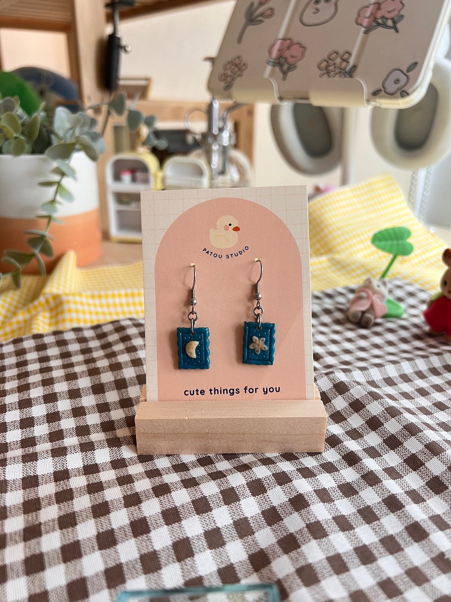 star and moon stamp dangle earrings