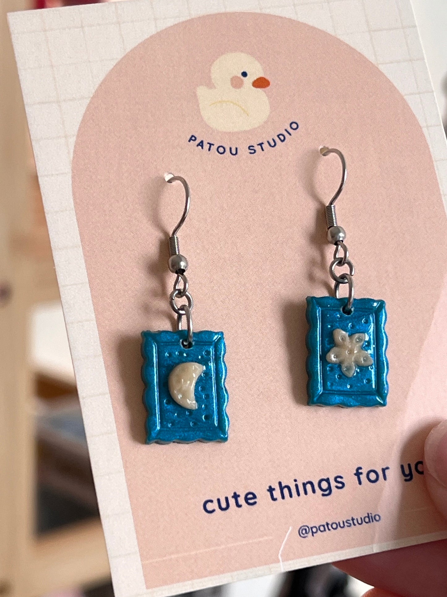 star and moon stamp dangle earrings