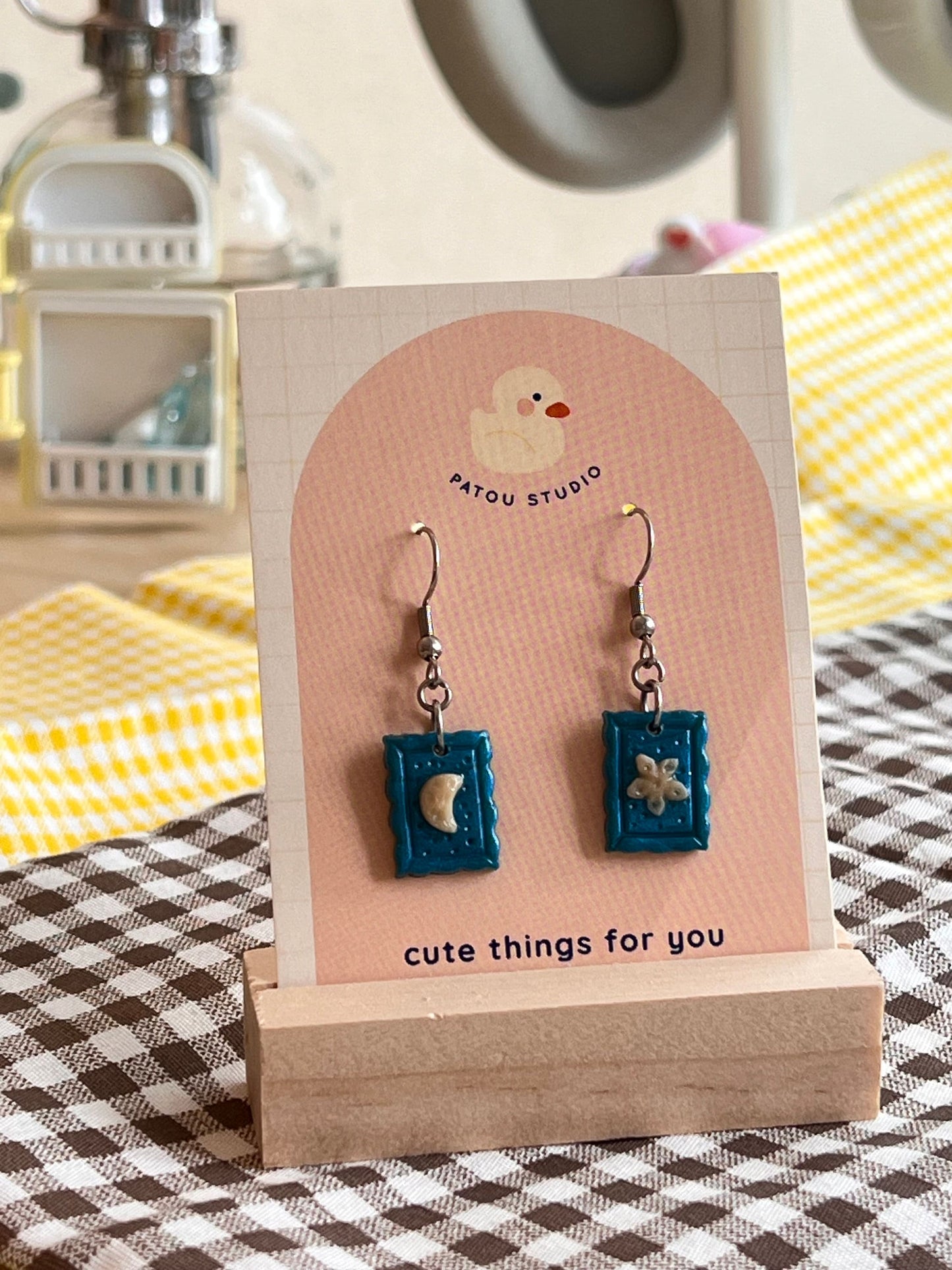 star and moon stamp dangle earrings